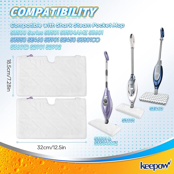 KEEPOW Steam Mop Replacement Pads for Shark Steam Pocket Mop S3500 Series S3501 S3601 S3550 S3901 SE450 S3801CO S3601D S2901 S2902, 8 Pack