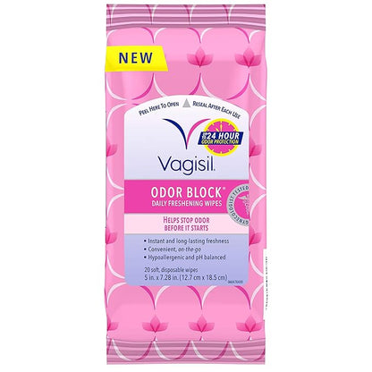 Vagisil Odor Block Daily Freshening Wipes for Feminine Hygiene in Resealable Pouch, Gynecologist Tested & Hypoallergenic, 20 Wipes (Pack of 1)