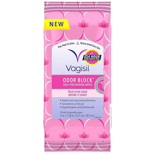 Vagisil Odor Block Daily Freshening Wipes for Feminine Hygiene in Resealable Pouch, Gynecologist Tested & Hypoallergenic, 20 Wipes (Pack of 1)