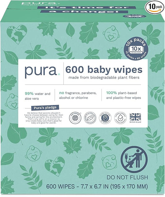Pura Natural Sensitive Baby Wipes, 99% Water, Unscented & Hypoallergenic, Suitable for Sensitive & Eczema-prone Skin, Hypoallergenic, EWG Verified, 10 Pack of 60 Wet Wipes (600 Diaper Wipes) Bulk Buy