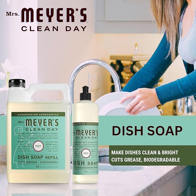 Mrs. Meyer's Basil Dish Soap Set - 16oz Bottle, 48oz Refill, and Dual-Sided Microfiber & Scrubbing Towel