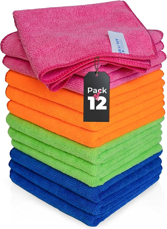 Microfiber Cleaning Cloth - Pack of 12 (12.5"x12.5") Multi Color, Non-Abrasive, Ultra-Absorbent, Lint-Free Towels for Cars, Reusable Cleaning Rags