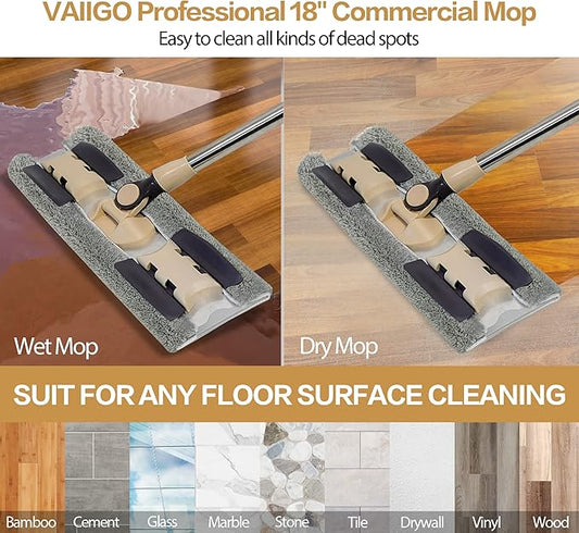 Professional Microfiber Mops for Hardwood Floor Cleaning, 18" Commercial Dust Flat Mops with 3 Reusable Pads and Adjustable Handle, For Home, Office, Hotel Wet or Dry Floor Cleaning