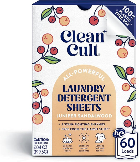 Cleancult Laundry Detergent Sheets - Resealable Box - 3 Stain Fighting Enzymes - Juniper Sandalwood - 60 Loads - Free of Harsh Chemicals - No Mess - No Plastic Waste