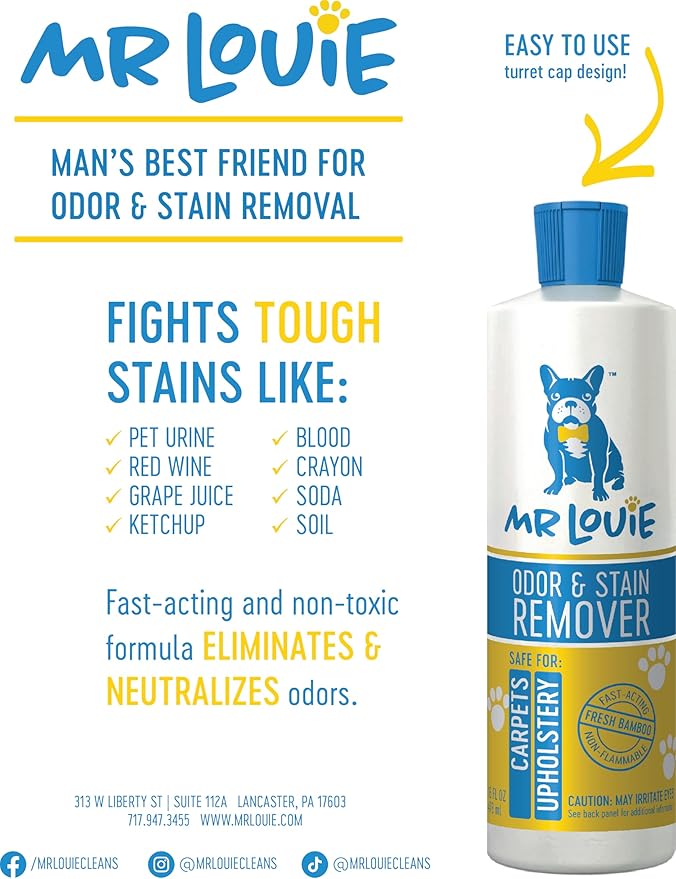 ODOR & STAIN REMOVER - Safe For Use Around Kids and Pets. Eliminates tough odors and stains from Blood, to Cat/Dog Urine, Feces, Vomit, to Food Stains like Ketchup, Red Wine, and Coffee.