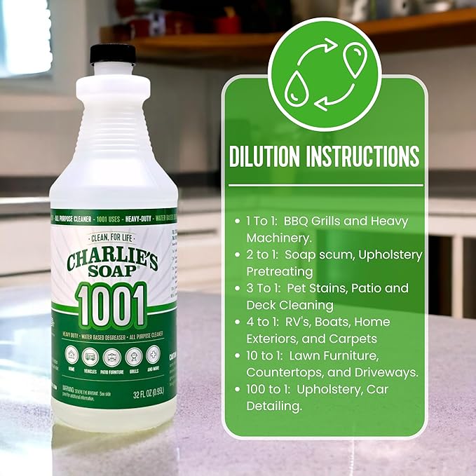 Charlie's Soap 1001 Cleaner - Heavy Duty Biodegradable Concentrated All Purpose Water Based Degreaser (32oz, 1 Pack) - Safe Residential, Commercial, & Janitorial Cleaner