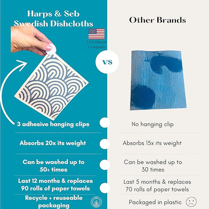Harps&Seb Swedish Dishcloths for Kitchen Dish Towels - 6 Pack, Reusable Paper Towels with Clips, Super Absorbent Washable Non-Scratch Swedish Dish Towels, No Odor, Biodegradable