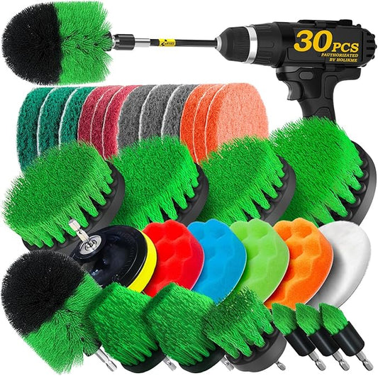 Holikme 30 Piece Drill Brush Set, Scrub Pads Scrubber Brush with Extend Long Handle Clean for Grout, Tiles, Bathtub, Bathroom, Kitchen, Green