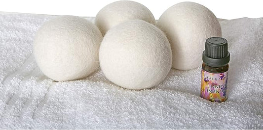 Laura Ashley 4 Pack Reusable Wool Dryer Balls and Lavender Essential Oil Kit to Soften Clothes in Dryer and Reduce Wrinkles and Static