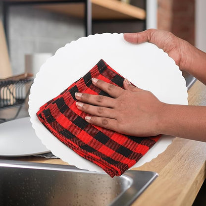 100% Cotton Dish Cloths (Pack of 6) - Dish Rags for Washing Dishes - Reusable & Highly Absorbent Kitchen Towels - Multipurpose Kitchen Rags - (12" x 12" - Black & Red Checkered)