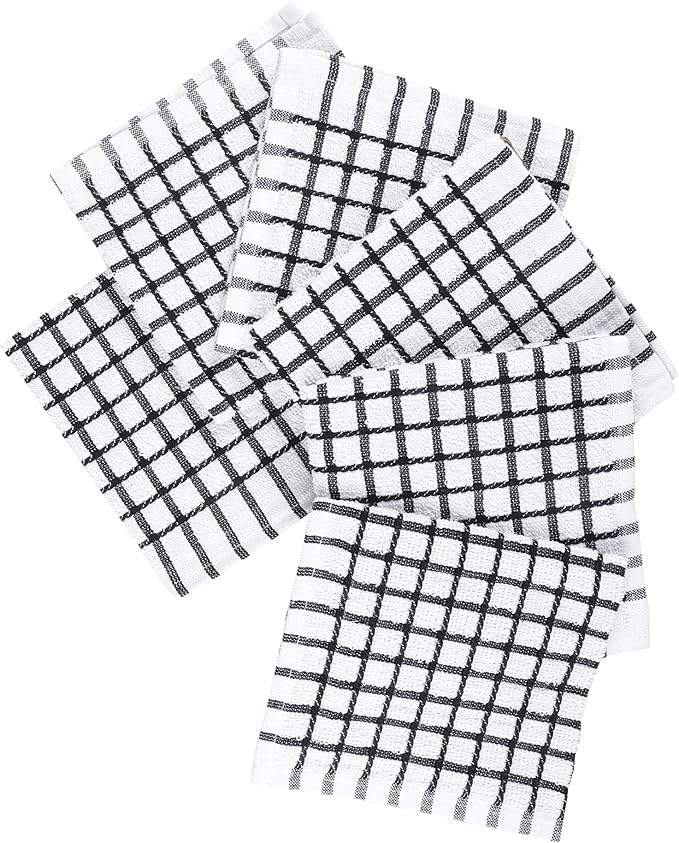 100% Cotton Dish Cloths (Pack of 6) - Dish Rags for Washing Dishes - Reusable & Highly Absorbent Kitchen Towels - Multipurpose Kitchen Rags - (12" x 12" - Black Checkered)