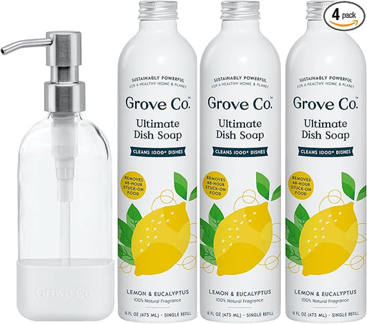 Grove Co. Ultimate Dish Soap Refills (3 x 16 Fl Oz) + Refillable Glass Dish Soap Dispenser for Kitchen Sink with Non-Slip Silicone Sleeve, Plastic Free Cleaning Products, Lemon & Eucalyptus