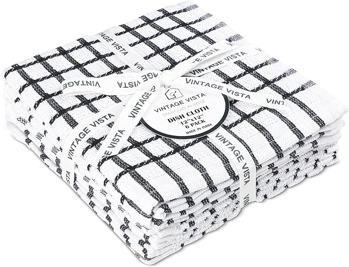 100% Cotton Dish Cloths (Pack of 6) - Dish Rags for Washing Dishes - Reusable & Highly Absorbent Kitchen Towels - Multipurpose Kitchen Rags - (12" x 12" - Black Checkered)