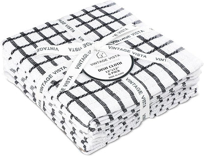 100% Cotton Dish Cloths (Pack of 6) - Dish Rags for Washing Dishes - Reusable & Highly Absorbent Kitchen Towels - Multipurpose Kitchen Rags - (12" x 12" - Black Checkered)