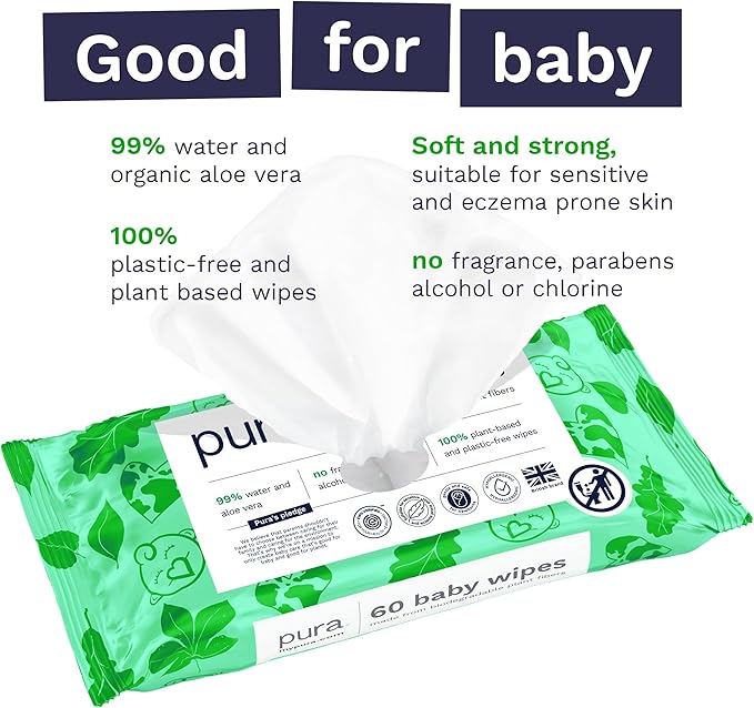 Pura Natural Sensitive Baby Wipes, 99% Water, Unscented & Hypoallergenic, Suitable for Sensitive & Eczema-prone Skin, Fragrance Free & Hypoallergenic, EWG Verified, 3 x 60 per pack (180 Wipes)