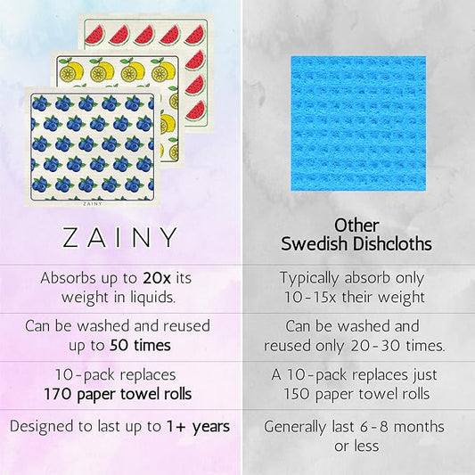ZAINY 10 Swedish Dishcloths for Kitchen, Gifts for Mom and Mothers, Swedish Dish Cloths Reusable Paper Towels Washable, Cellulose Sponge Cloth & Cleaning Towel for Washing Dishes, Washcloths - Fruits