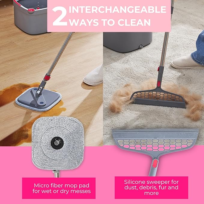 True & Tidy True Clean Spin Mop & Bucket System – Dual Compartment Design for Clean & Dirty Water, 360° Swivel Mop Head, Built-in Scrubbing Brush, Stainless Steel Handle & 2 Reusable Microfiber Pads