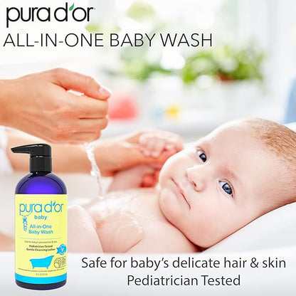 PURA D'OR All-in-One Baby Wash (16 Oz x2 = 32 Oz) USDA Biobased, Zero Sulfates, No Artificial Scents, Tear-Less, Hypoallergenic, Gentle, Calming 2-in-1 Baby Bath Wash & Shampoo