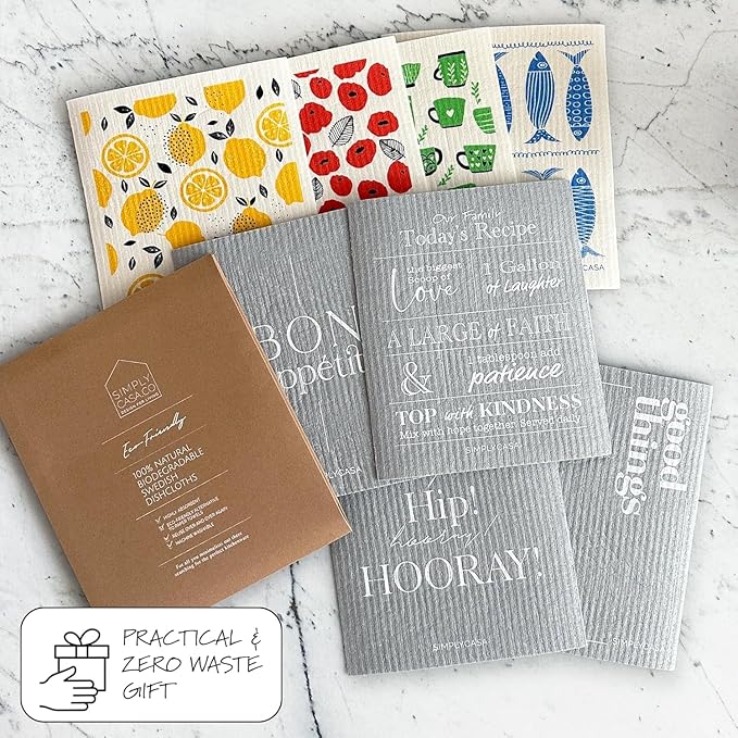 8 Pack Reusable Swedish Dishcloth, for Kitchen and Household Use, Super Absorbency, Made in Sweden, Cellulose Sponge Dish Cloths, Paper Towel Replacement, Plastic-Free Packaging