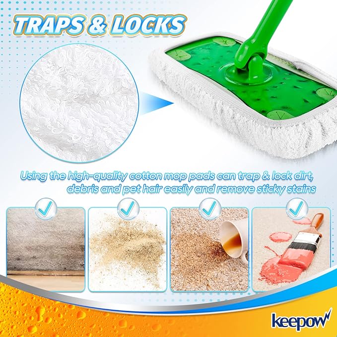 KEEPOW Reusable Wet Pads for Swiffer Sweeper Mop, Dry Sweeping Cloths, Washable Duster Mopping Refills for Wet & Dry Floor Cleaning, 100% Cotton, 6 Pack (Mop is Not Included)