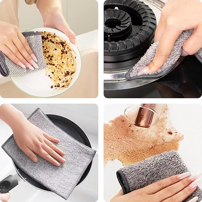 12 Pcs Upgraded 2-Layer Bamboo Charcoal Fibre Non Scratch Wire Dishcloth,Multipurpose Wire Dishwashing Rags for Wet and Dry for Dishes, Sinks, Stove Tops