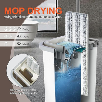 Mop and Bucket Set for Home, Hands-Free White Flat Squeeze Mop and Bucket System,Floor/Wall Cleaner with Long Handle, Wet/Dry Use (Mop and Buckets Set with 6 Pads)