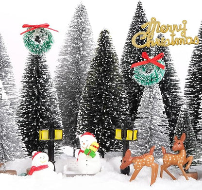 Waipfaru Christmas Village Accessories, 30 Pcs Christmas Village Display Platforms with Snowman, Mini Bottle Brush Christmas Trees, Miniature Small Pine Trees for Xmas Table Winter Decor