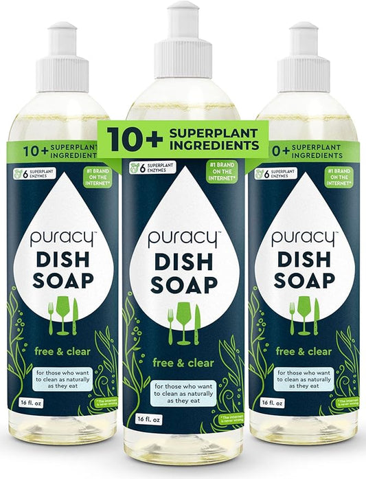 Puracy Natural Dish Soap - Unscented Skin-Softening Plant-Based Dishwashing Soap, Non-Toxic Dish Soap, Fragance Free Organic Liquid Dishwashing Detergent Soap (Free & Clear, 16 fl oz, 3 Pack)