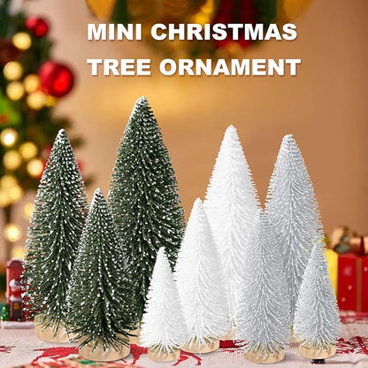 9pcs Mini Christmas Tree Desktop, Artificial Christmas Pine Tree, Mini Bottle Brush Trees Tabletop, Small Sisal Trees with Wooden Bases, Xmas Holiday Decor (Green-Silver-White)