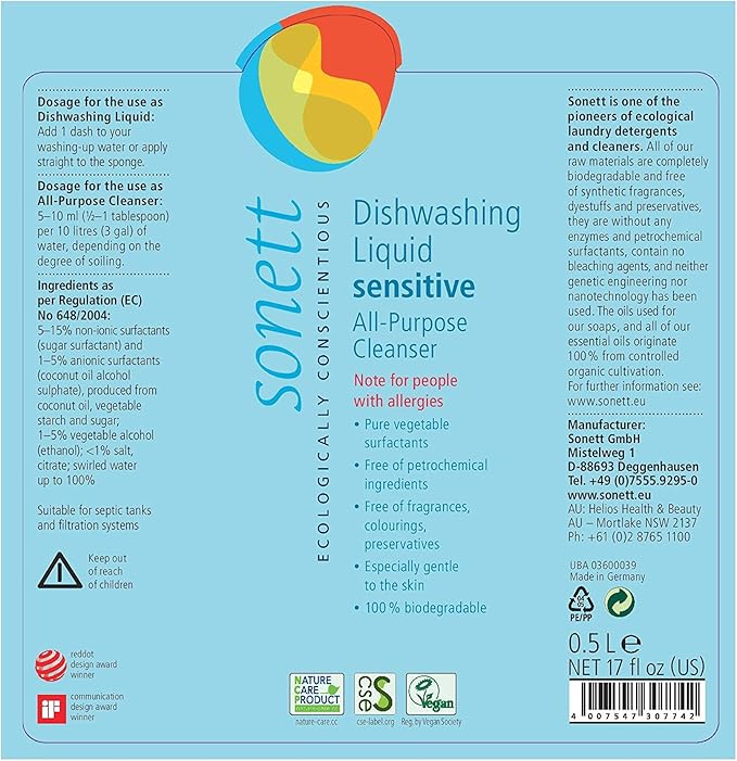 Sonett Organic Dishwashing Liquid, All Purpose Cleaner Sensitive Skin For People With Allergies (17 Fl.Oz (1 Count)) Certified Organically Grown