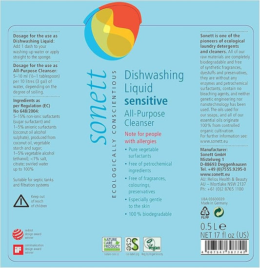 Sonett Organic Dishwashing Liquid, All Purpose Cleaner Sensitive Skin For People With Allergies (17 Fl.Oz (1 Count)) Certified Organically Grown