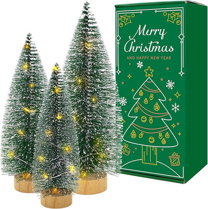 3 PCS Mini Bottle Brush Christmas Trees with Lights, Miniature Tabletop Christmas Tree for Christmas Decorations Indoor, Desktop Pine Tree Xmas Holiday Decor