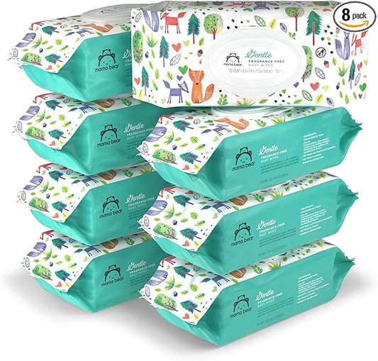 Amazon Brand - Mama Bear Gentle Fragrance Free Baby Wipes, Hypoallergenic, Sensitive Skin, Unscented, 800 Count (8 Packs of 100)