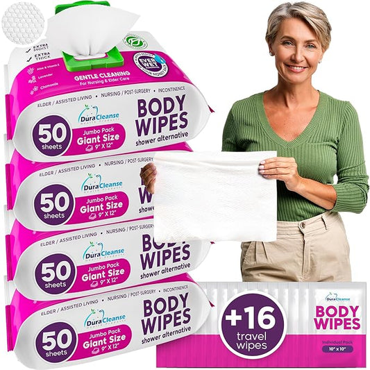 XL Bath Wipes for Adults Bathing No Rinse (4pk) - 200 Count + 8 16ravel Wipes - 9"x12" Disposable Washcloths for Adults - Surgery Recovery Supplies, Elderly Incontinence & Health Care Products