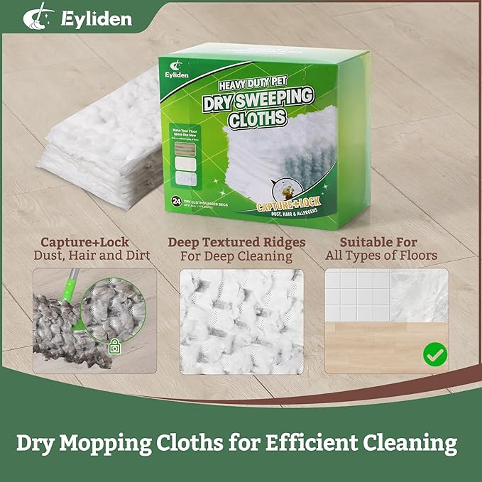 Eyliden Disposable Mop Starter Kit - 60 Refills Pack: 1 Sweeper, 12 Wet Cloths, 36 Pet Hair Mop Pads, 12 Dry Sweeping Cloths