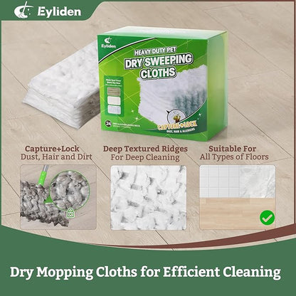 Eyliden Disposable Mop Starter Kit - 60 Refills Pack: 1 Sweeper, 12 Wet Cloths, 36 Pet Hair Mop Pads, 12 Dry Sweeping Cloths