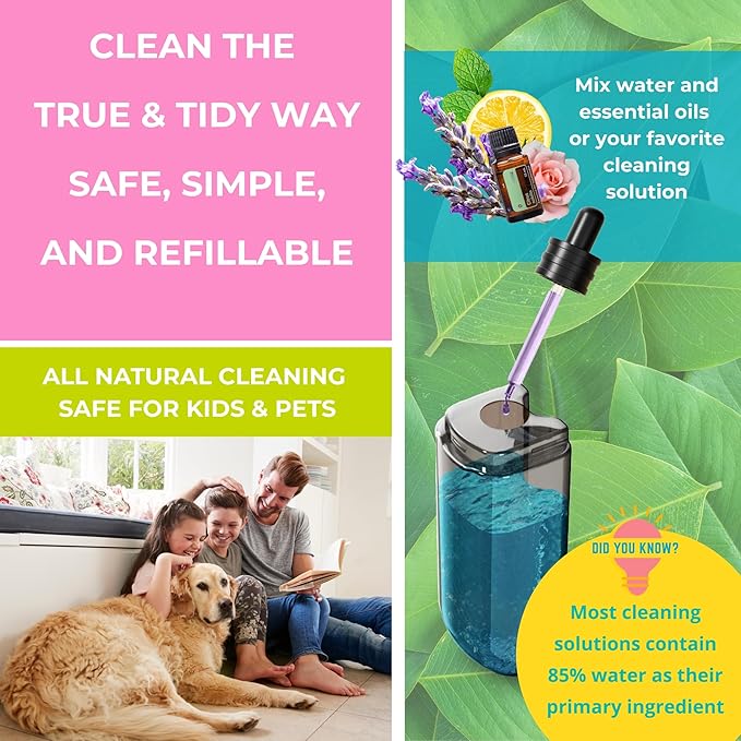 True & Tidy® Clean Everywhere Spray Mop Kit with Three Interchangeable Heads and Refillable Tank- Includes Flat Head, Round Mop, Window Squeegee (Pink)