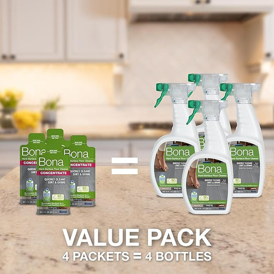 Bona Multi-Surface Floor Cleaner Concentrate, Unscented, 1 fl oz, Pack of 4 (Makes 128 fl oz) Spray Mop and Spray Bottle Refill - For Use of Stone, Tile, Laminate, and Vinyl Floors
