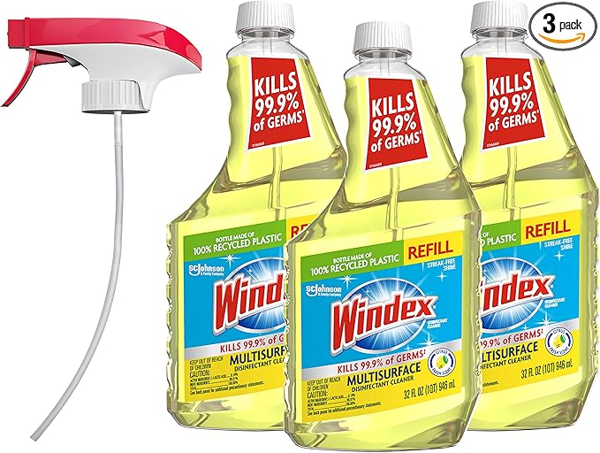 Windex Refill Multipurpose Disinfectant Cleaner Spray with Reusable Trigger, Bottle Made from 100% Recovered Coastal Plastic, Surface Cleaning Spray, Citrus Fresh Scent, 32 Fl Oz (Pack of 3)