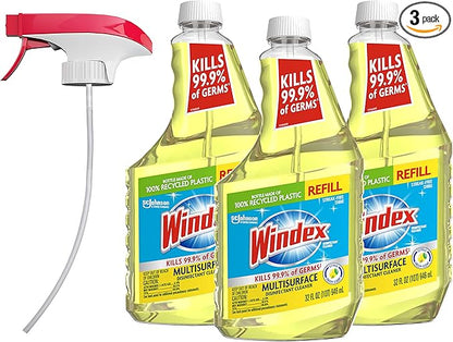 Windex Refill Multipurpose Disinfectant Cleaner Spray with Reusable Trigger, Bottle Made from 100% Recovered Coastal Plastic, Surface Cleaning Spray, Citrus Fresh Scent, 32 Fl Oz (Pack of 3)