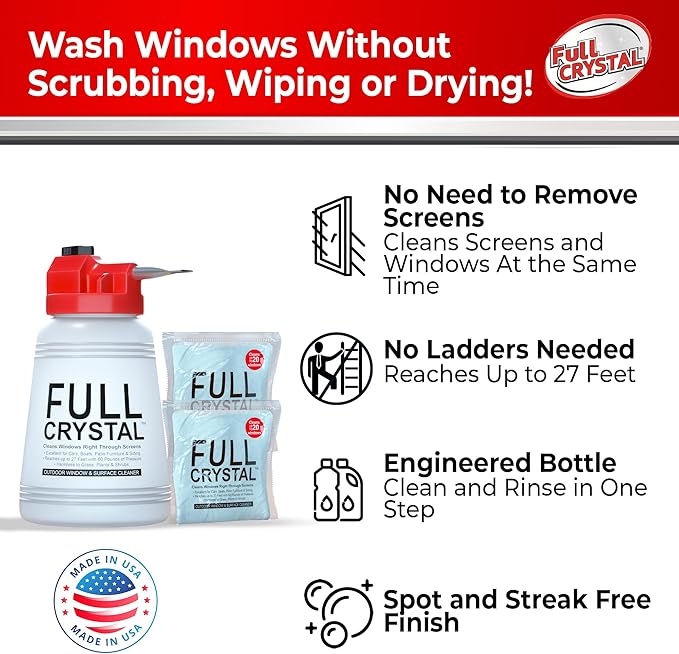 Full Crystal Kit - Bottle, Lid with Hose Attachment, and Two 4 oz. Crystal Powder Exterior Window Cleaner Packets for Glass and Screens (Cleans Up to 40 Windows)
