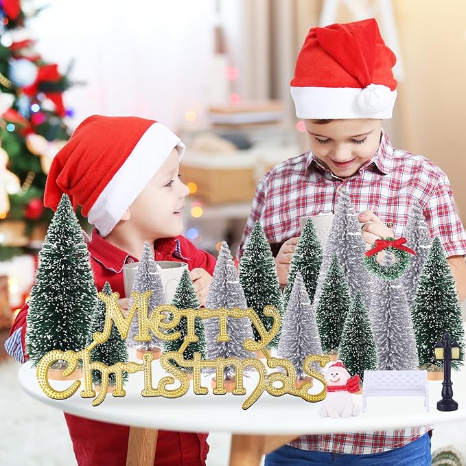 Mini Miniature Christmas Pine Tree Bottle Brush Trees Wooden Bases Tree for Your Village Desktop Xmas Holiday Party (Silver/Green 30pcs)