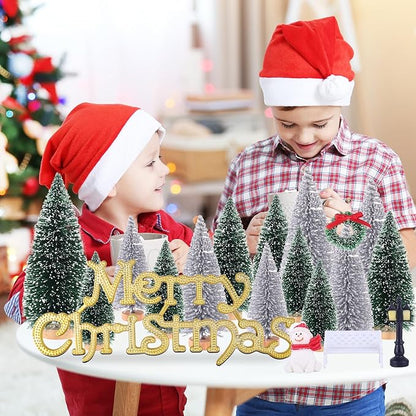 Mini Miniature Christmas Pine Tree Bottle Brush Trees Wooden Bases Tree for Your Village Desktop Xmas Holiday Party (Silver/Green 30pcs)