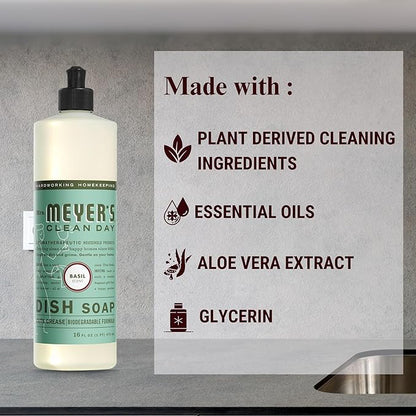 Mrs. Meyer's Basil Dish Soap Set - 16oz Bottle, 48oz Refill, and Dual-Sided Microfiber & Scrubbing Towel