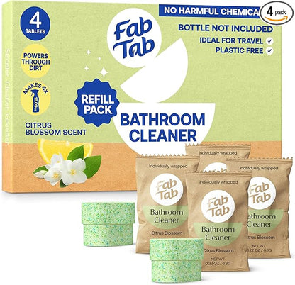Bathroom Cleaning Spray Refill Tablets - All-Purpose Cleaner Spray Tablets - Natural Cleaning Products - Plant-Based - Citrus Scent- No Harsh Chemicals - 4 tablets (bottle not included)