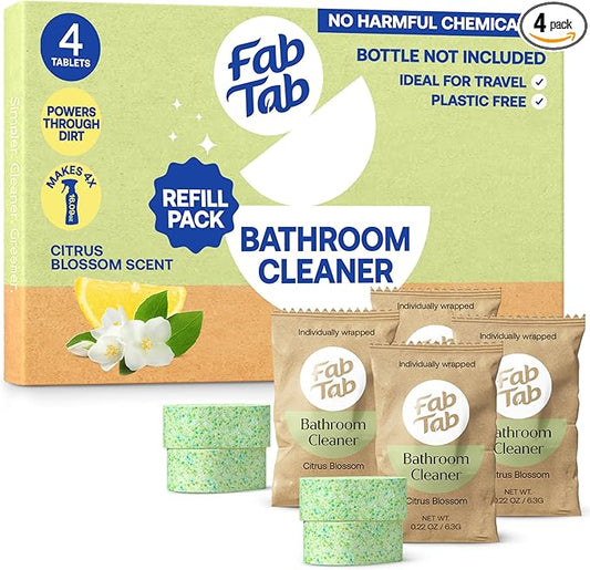 Bathroom Cleaning Spray Refill Tablets - All-Purpose Cleaner Spray Tablets - Natural Cleaning Products - Plant-Based - Citrus Scent- No Harsh Chemicals - 4 tablets (bottle not included)