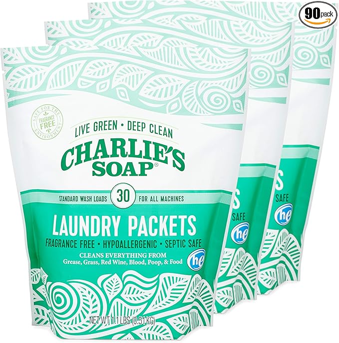 Charlie's Soap - Fragrance Free Laundry Packets - 30 Count (Three 30-count Bags, 90 Total Loads)