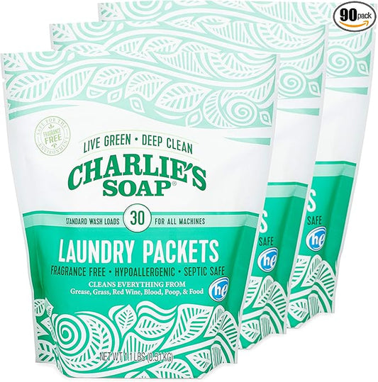 Charlie's Soap - Fragrance Free Laundry Packets - 30 Count (Three 30-count Bags, 90 Total Loads)