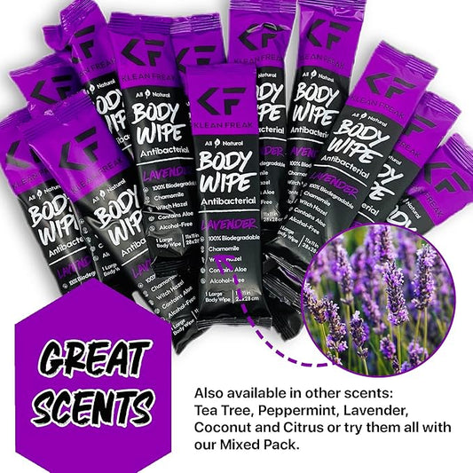 12-Count Body Wipes by Klean Freak - Original Disposable Wipes, Individually Wrapped for the Gym, Workout, Hiking, Travel, and Sport (Lavender)