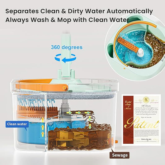 Spin Mop and Bucket with 2 Microfibra Replaceable Mop Pads, Self Separation Dirty and Clean Water System Self Wringing 360° Rotating Square Mop-Head (1 Bucket + 52'' Mop + 2 Microfibra Pads)
